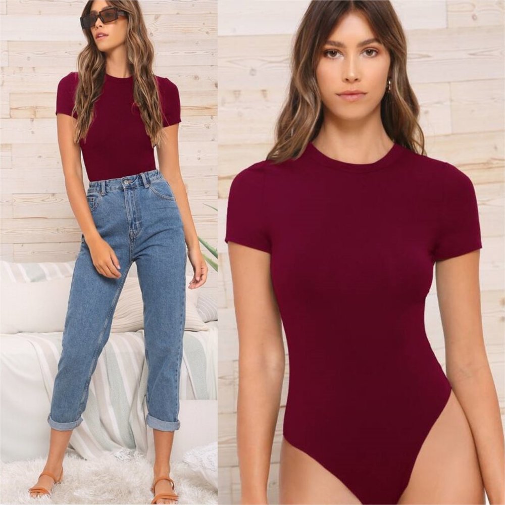 Crew neck short sleeve fitted solid bodysuit